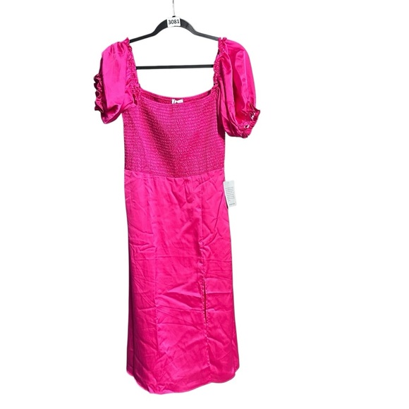 NSR Smocked Fuchsia Pink Party Dress Midi M Puff Sleeves Slit Satiny 3592 READ - Picture 1 of 13